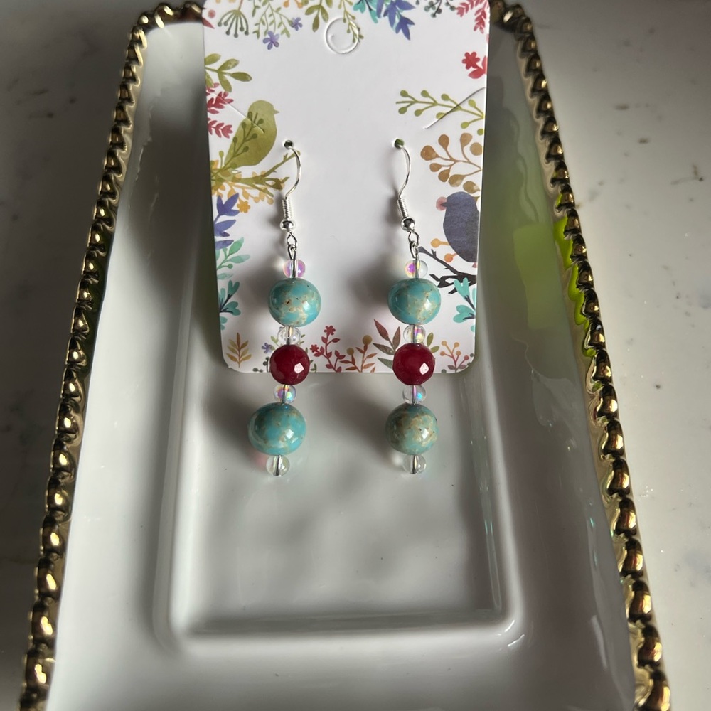 Elegant Turquoise and Red Beaded Earrings